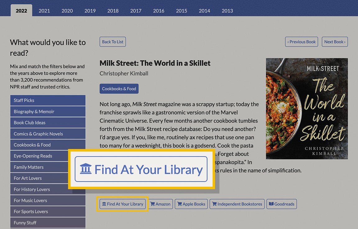 Ilustración: enlace “Buscar en una biblioteca” en Book Concierge de NPR