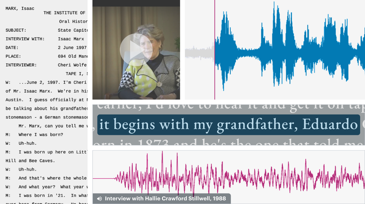 Galerie de formes d'ondes audio, de transcriptions d'entrevues et de vignettes vidéo