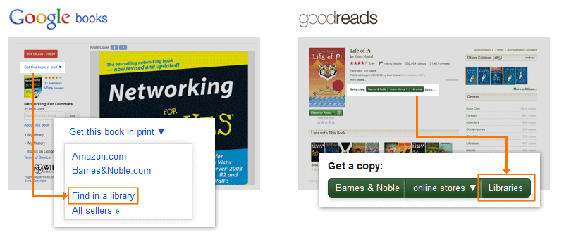 Illustration : Liens 'Trouver dans une bibliothèque' dans Google Scholar et Goodreads.