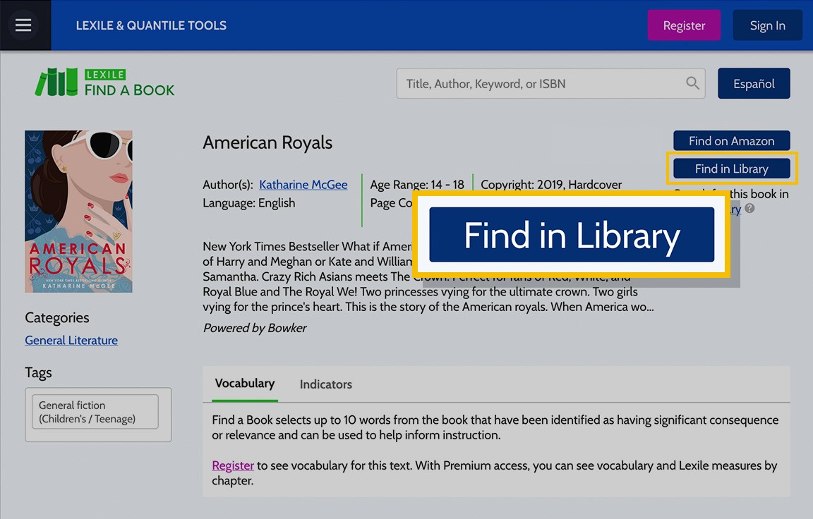 Illustration: Lexile Framework for Reading lien 'Find in Library'