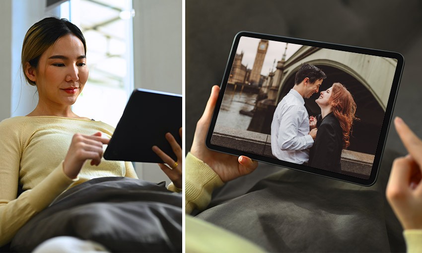 Foto: Vrouw streamt een film op haar tablet Foto: Vrouw streamt een film op haar tablet