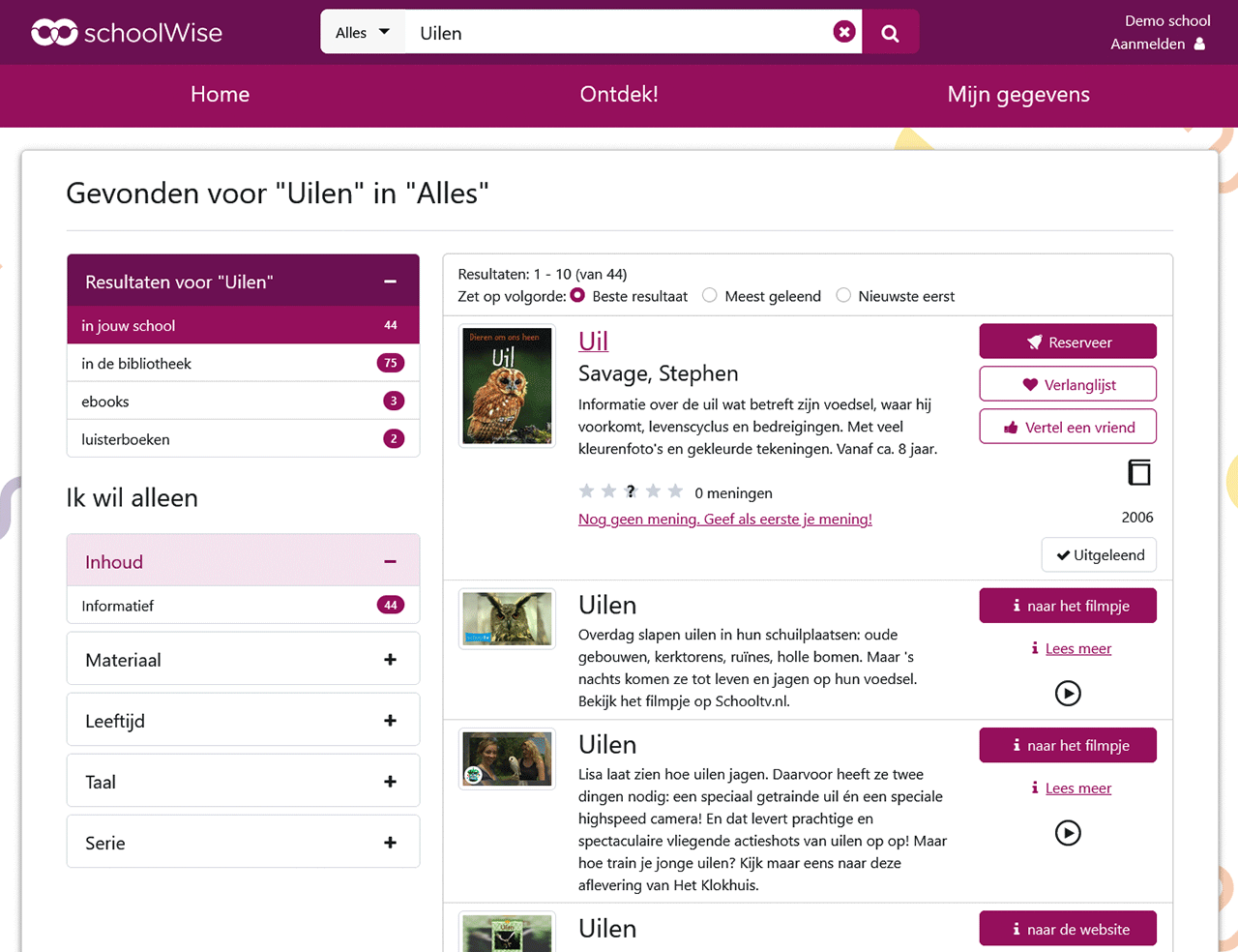 Screenshot van schoolWise