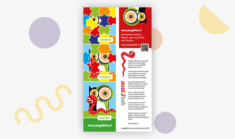 Een kleurrijke boekenlegger van Jeugdbieb.nl met puzzelstukjes, een vergrootglas en een slang als illustraties. De boekenlegger benadrukt de thema's 'zoeken', 'vinden' en 'weten' en bevat informatie over websites, filmpjes, apps en podcasts voor kinderen.
