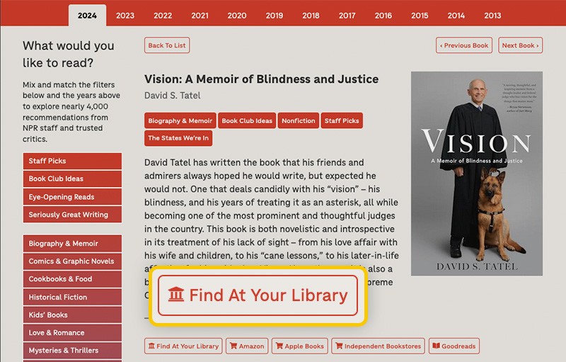 Illustratie: Find at Your Library-link van NPR Books We Love