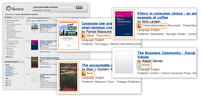 例证： Worldcat.org 中的搜索结果从众多的出版商和综合机构中提供许多类型的内容