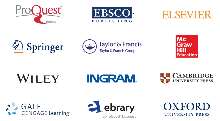 WorldCat 知识库中部分合作伙伴的徽标：ProQuest、EBSCO、Elsevier、Springer、Taylor and Francis、McGraw Hill Education、Wiley、Ingram、Cambridge University Press、Gale Cengage Learning、ebrary、Oxford University Press。