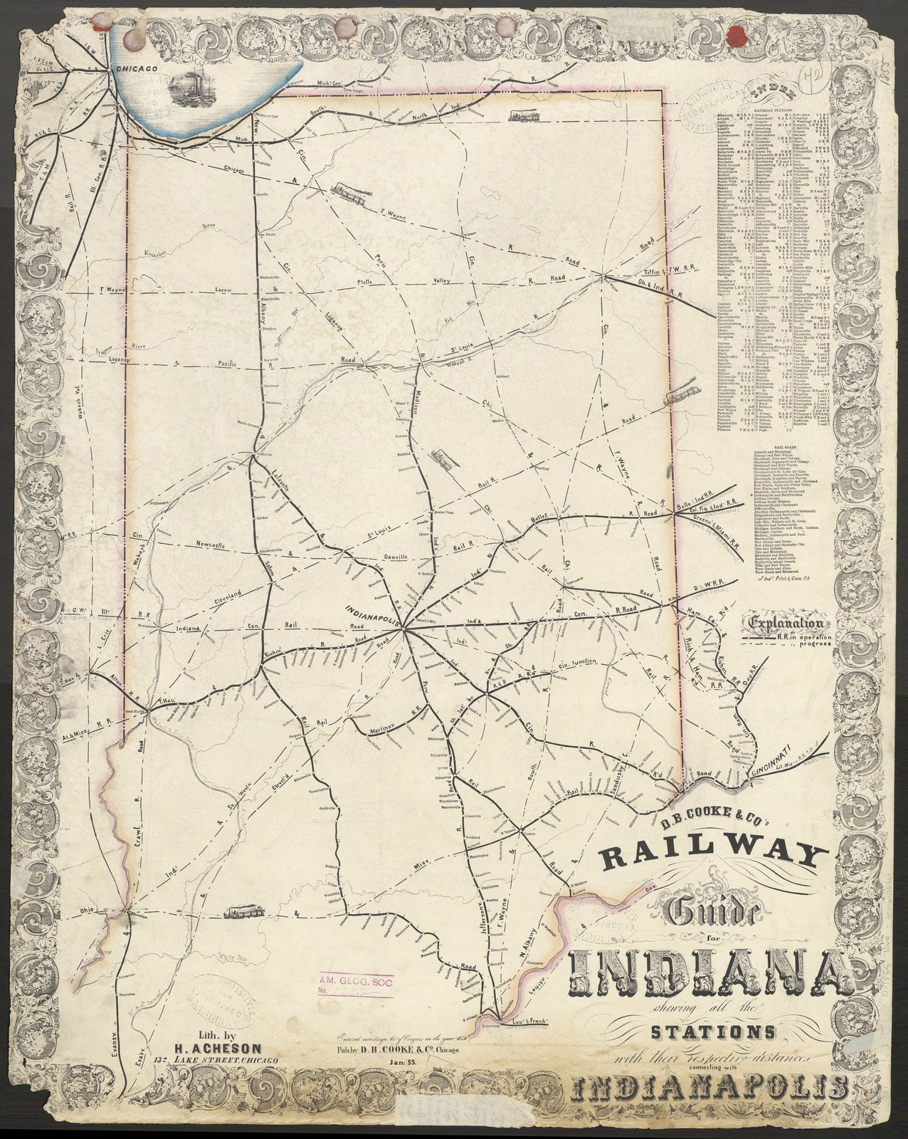 Spoorweggids van D.B. Cooke Co. van stations in Indiana met verbinding met Indianapolis - in 1854 uitgegeven door D.B. Cooke Co., University of Wisconsin Milwaukee