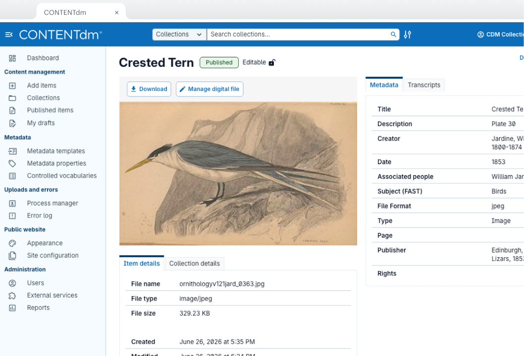 Screenshot van CONTENTdm dashboard interface